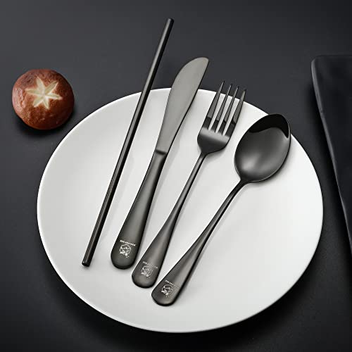 Boulder Bee | Travel Utensils Set | Reusable Camping Cutlery Set | Stainless Steel Flatware Set | Portable Silverware Set with Case | Includes Knife/Fork/Spoon/Straw/Cleaning Cloth/Case (Black) - color: Black