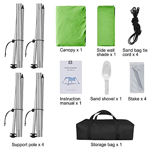 Beach Canopy Tent Shade with Sidewalls 10x10FT, 6.6FT Tall, UPF50+ Sun Shelter, Windproof & Water Resistant, Includes Guylines Sand Shovel Stability Poles, Easy Up for Beach Outdoor Camping Backyard - color: Green
