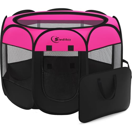 Siedihit Dog Playpen, Puppy Pet Playpens Indoor for Small Dogs Tent Crates Cage Indoor/Outdoor, Portable Pop Up Dog Kennel Playpen with Carrying Case for Dogs/Cats/Rabbits, Hot Pink - color: Rose