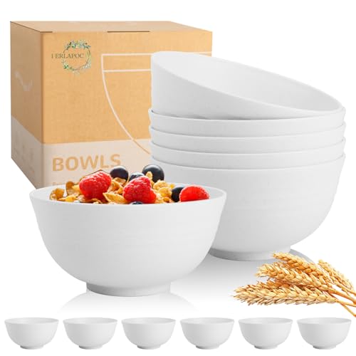 Wheat Straw Bowls 26 OZ, Plastic Bowls Reusable, Unbreakable Cereal Bowls Set of 6, Small Soup Bowl Salad Bowl for Kitchen, Microwave & Dishwasher Safe, White - color: White, size: 26 Oz
