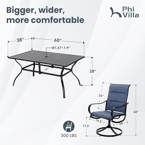 PHI VILLA Patio Dining Set for 6, Swivel Dining Chairs with Padded Textilene and Large Metal Table (1.57'' Umbrella Hole), All Weather Table and Chairs for Outdoor Lawn (Blue) - color: Blue Padded Fabric, size: 60"L x 38"W x 28"H-Metal-7 Piece