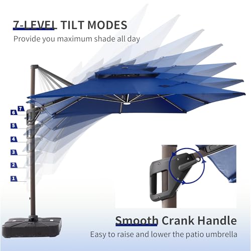 JZAC & QZYD 9x12 FT Outdoor Cantilever Patio Umbrella with Base Included and LED Lights, Large Heavy Duty 2-Tier Aluminum Offset Umbrellas with 360-Degree Rotation for Pool Deck, Navy - color: Navy, size: 9'×12' - Weighted Base Included