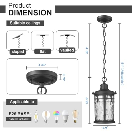 Darkaway Outdoor Pendant Lights for Porch, Outdoor Chandelier Hanging Porch Lights Outside Ceiling Mount Aluminum with Water Ripple Glass for House Gazebo Patio - color: Black-Water Ripple Glass, size: Medium Size