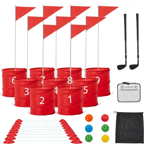 Bucket Yard Golf Game with Clubs 9 Hole Set Portable Low Tide Golf Game for Beach Backyard Lawn with 2 Golf Outdoor Indoor Golf Chipping Games for Adults Family Club Party(Red, 9 Bucket) - color: Red, size: 9 Bucket