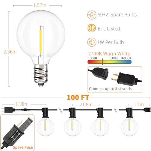 Svater Outdoor String Lights Waterproof 100 FT, LED Patio Lights Outside with 52 Shatterproof G40 Bulbs, Dimmable Hanging Globe Lighting for Bistro Backyard Cafe Market Porch, Warm White 2700K - size: 100 Ft