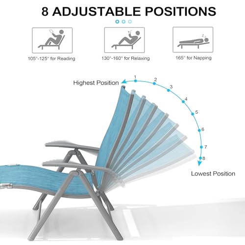 Crestlive Products Chaise Lounge Chair Outdoor Set of 2, Aluminum Folding Patio Recliner Chair, Adjustable 8 Positions Assemble-Free Perfect for Beach, Yard, Pool, Deck - color: Blue, size: 2 Pcs