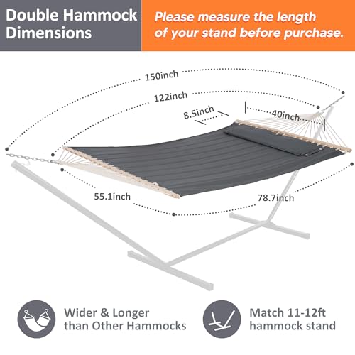 SUNCREAT Portable Tree Hammock with Hardwood Spreader Bar, Extra Large Soft Pillow, Heavy Duty 2 Person Hammock for Indoor, Outdoor, Gray - color: Grey