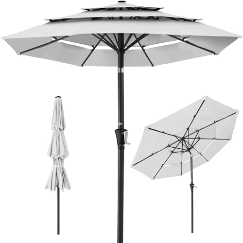 Best Choice Products 10ft 3-Tier Market Patio Umbrella, Outdoor Sun Shade with Tilt, Crank Lift, 8 Ribs for Backyard, Deck, Poolside - color: Fog Gray
