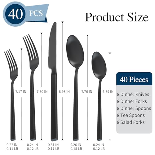 Silverware Set 40-Piece Hand Forged 18/10 Stainless Steel Black Cutlery, Matte Polished Cuboid Handle Flatware Sets, Service for 8 - color: Matte Black