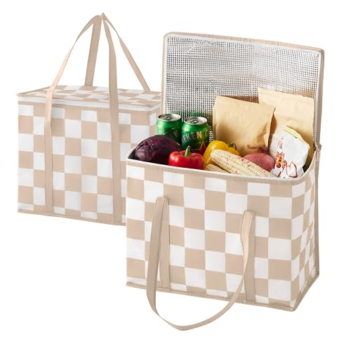 Ohocut Checkered Insulated Grocery Bags 2 Pack, Checkerboard Cooler Shopping Bags for Groceries, Insulated Bags for Food Delivery - color: Beige