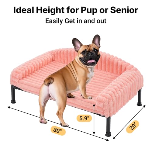 Veehoo Elevated Dog Bed with Bolster Cushion, Fluffy Plush Dog Couch Beds for Small Dogs, Cats, Washable Raised Pet Cot with Non-Slip Feet for Indoor or Patios Use, 30 x 20 Inches, Pink - color: Pink, size: 30.0"L x 20.0"W x 8.3"Th