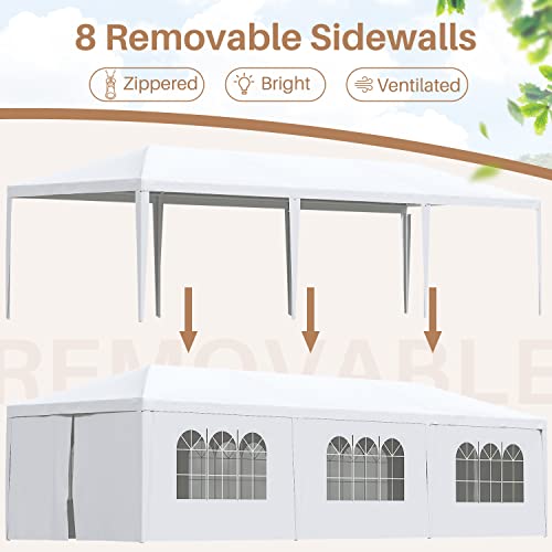 Greesum 10x30 Outdoor Canopy with with 6 Side Removable Walls, Patio Camping Heavy Duty Gazebo Shelter for Party Wedding BBQ Events, Waterproof Tent, White