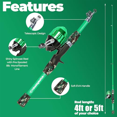 DaddyGoFish Kids Fishing Pole - Rod Reel Combo Tackle Box Starter Set - First Year Small Gear Kit for Boys Girls Toddler Youth Age Beginner Little Children - color: Green (Essential Set), size: 4ft