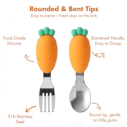 Baby Fork and Spoon Set with Carry Case Baby Training Utensils Self Feeding Toddler Silverware Silicone and Stainless Steel Kids and Toddler Utensil Set-Carrot - color: Carrot