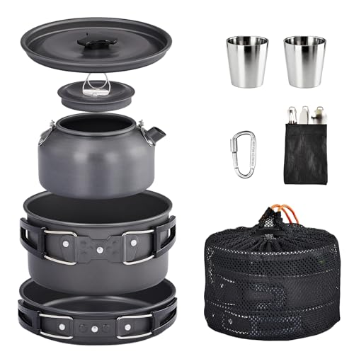ROVSUN 34/10/6 pcs Camping Cookware Mess Kit, Lightweight Non-Stick Camping Cooking Pot and Pan Set with Stainless Steel Camping Gear Kettle Cup for Open Fire, Backpacking, Outdoor Cooking - style: 10 Pcs
