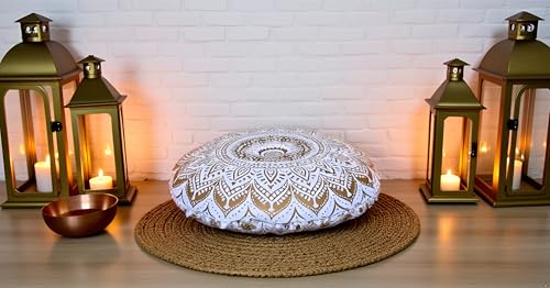 CRAFT KALA 32 Inch Meditation Floor Pillow Cover Round Pillow Seating Hippie Decorative Adults Bohemian Mandala Cushion Cover Outdoor Living Room Throw Ottoman Poufs Cover (White Gold Ombre) - color: White Gold Ombre