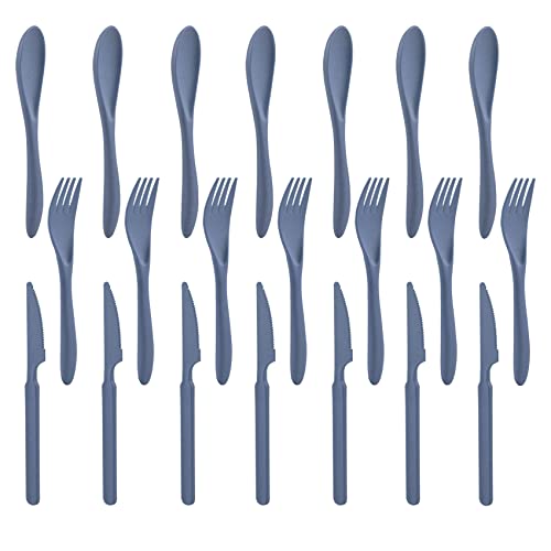Forks Spoons Knife Set, 21 Pieces Wheat Straw Cutlery Set, Reusable Utensil Set for 7, Unbreakable and Lightweight Utensils for Party, Travel, Work, Lunch, Picnic, Camping or Daily Use (Blue) - color: Blue