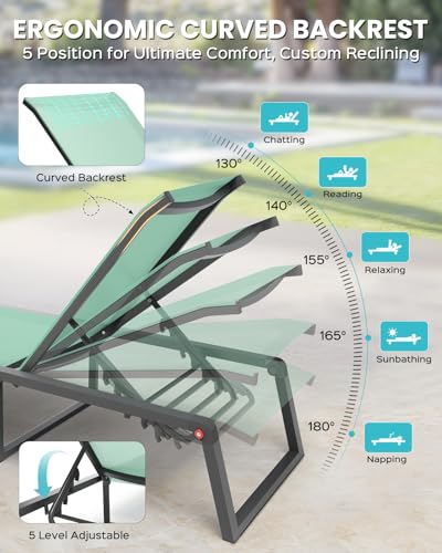 Aluminum Chaise Lounge Chair Outdoor, Foldable& No Assembly Patio Pool Lounge Chairs 5-Position Recliner for Outside, Fully Grounded Legs Sun Lounger for Poolside, Light Green - color: Light Green, size: 1
