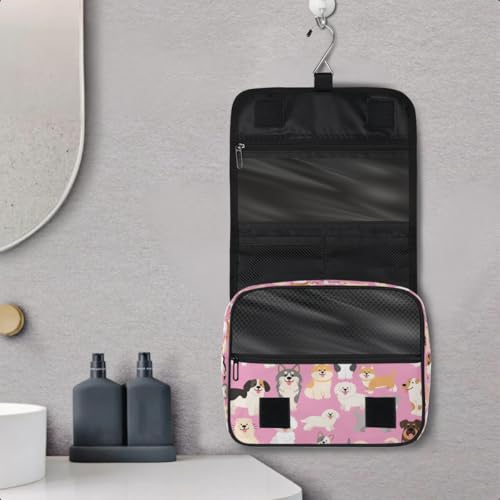 Cartoon Cute Dogs Pattern Kids Toiletry Bag for Girls, Waterproof Hanging Makeup Organizer Travel Cosmetic Bag with Hook, Portable Toiletries Case for Sleepovers School Vacations - color: Cartoon Cute Dogs Pattern