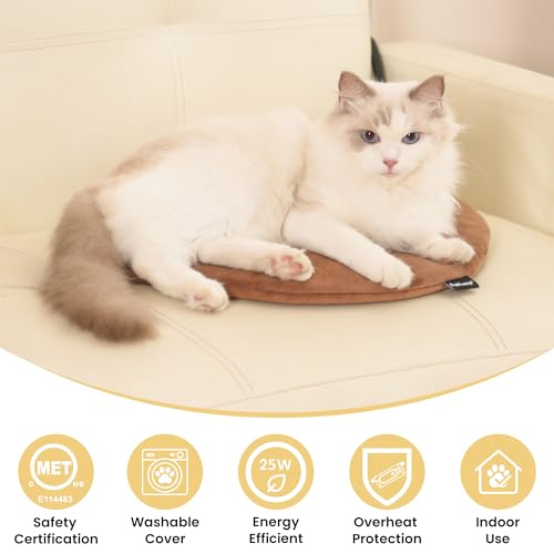 Pet Heating Pad for Cats Dogs Indoor & Sheltered Outdoor Waterproof Heated Cat Bed Heated Dog Bed Chew Resistant Cord Constant Temperature Brown Round 16 Inch - color: Brown, size: Round: 16" x 16" x 1.3"