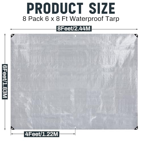 8 Pack 6 x 8 ft 5.5 Mil Large Tarps Heavy Duty Waterproof Tarp Multi Purpose Tent Cover for Home Boats Cars Camping Patio Furniture Roof Emergency Rain Protective Cover, Silver - color: Silver, size: 6 x 8 ft