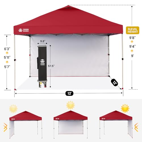 CROWN SHADES 12x12 Pop Up Canopy Tent Instant Commercial with 150D Silver Coated Fabric Including 1 Removable Sidewall, 4 Ropes, 8 Stakes, Weight Bags, STO 'N Go Bag, Red - color: Red, size: 12x12FT
