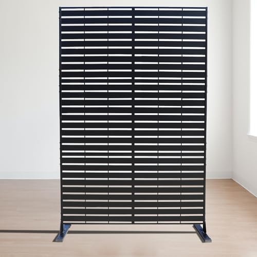 Kozyard Metal Privacy Screen 74" H x 47.2" W Decorative Outdoor Divider with Stand Panels Freestanding Screen Set for Deck Patio Balcony Garden Outdoor&Indoor(Black/Horizontal Slat) - color: Black/Horizontal Slat