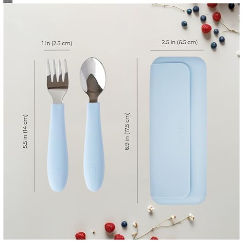ASOMIC Premium 316 Stainless Steel Toddler Utensils with Silicone Handles & Travel Case, Kids Spoon & Fork Set for Toddler Self Feeding at Daycare, Preschool & School, BPA-Free, Dishwasher Safe - color: Sky-Blue