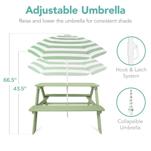 Best Choice Products Wooden Kids Picnic Table with Umbrella, Outdoor Activity Table Set with Built-in Benches, 220 lb Capacity per Bench - Sage - color: Sage
