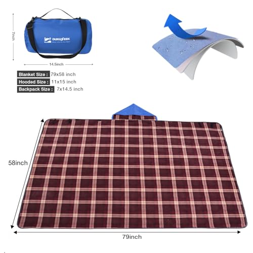 DUKUSEEK Waterproof Stadium Blanket with Hood, Wine Red Plain Waterproof Outdoor Blankets - color: Dark-blue-red-plaid
