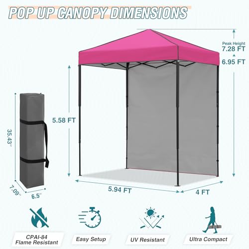 EAGLE PEAK 6x4 Instant Pop Up Canopy Tent with 1 Side Wall Panel, Straight Leg Sun Shelter, Portable Canopy with Carry Bag for Camping, Beach & Sports, Pink - color: Pink, size: One Wall