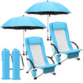 Colingmill 4 Pcs Low Beach Chair with Umbrella Camping Chair Backpack Folding Recliner Mesh Back with Headrest Cup Holder Carry Bag for Summer Tent Picnics Outdoor Travel Barbecues (Sky Blue) - color: Sky Blue
