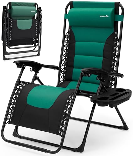 SereneLife Oversized Padded Zero Gravity Lounge Chair, Foldable Outdoor Patio Recliner, Anti Gravity Lawn Recliner with Cup Holder and Side Table for Backyard, Camping, Beach or Outdoor Relaxation - color: Dark Green
