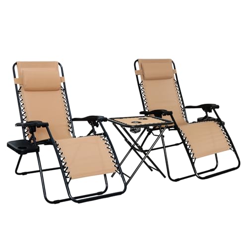 Amazon Basics Outdoor Textilene Adjustable Zero Gravity Folding Reclining Lounge Chair Set with Cup Holder, Side Table, Headrest, Weather-Resistant, 35 x 26 x 43 inches, Beige, 2-Pack - color: Beige