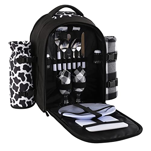 apollo walker Picnic Backpack Bag for 2 Person with Cooler Compartment, Detachable Bottle/Wine Holder, Fleece Blanket, Plates and Cutlery Set (2 Person, Black) - color: Black, size: 2 Person