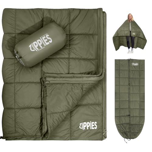 ZIPPIES 3M Thinsulate Insulation Puffy Camping Blanket for Cold Weather, Queen Size Warm Camping Quilt with Zipper, Waterproof Outdoor Sleeping Bag for Hammock, Cozy & Versatile Gift for Men and Women - color: Olive