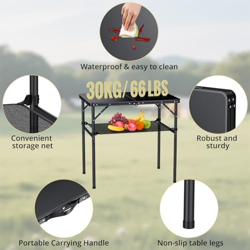 Anbte 3ft Camping Table Foldable with Storage Net, 3 Heights Max 29.5" Aluminum Camping Table with Portable Handle, Lightweight, for Travel Outdoor Beach Picnic Patio Indoor, 36" x 24", Pure Black - size: 36"l X 24"w X 29.5h"