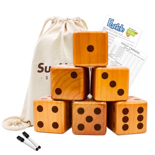 SunNordic Giant Dice Yard Game – 6 Large Wooden Outdoor Dice Set with Scoreboard & Portable Collapsible Bucket – Classic Backyard Lawn Game for Adults, Kids & Family