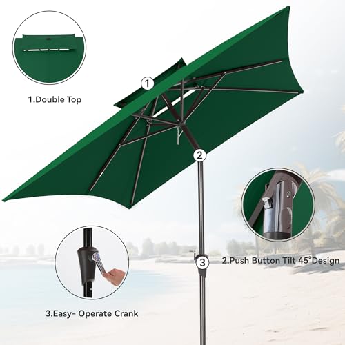 6.6 x 10 ft Rectangular Patio Umbrella, Outdoor Market Table Umbrella with Push Button Tilt and Crank, Double-Tier Vent, 6 Ribs, Rectangle Patio Umbrella for Backyard, Deck, Pool, Fits 4–6 Chairs and Tables (Dark Green) - color: Dark Green
