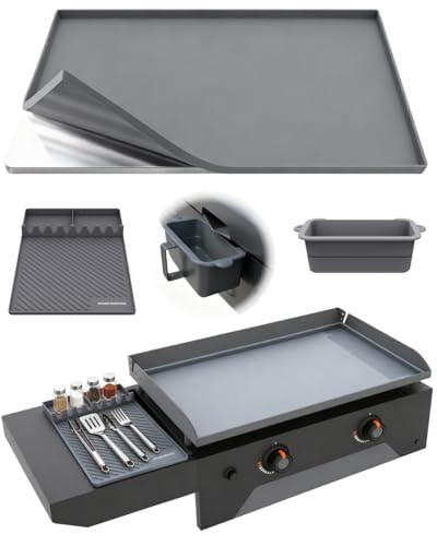 KITCHEN PERFECTION Ultimate Kit for Blackstone Griddle 28 Inch - Silicone Griddle Cover Mat + Griddle Accessories Mat + 2 PCS Silicone Grease Cup Liners Hermetic Protection from Rust & Debris All Year - color: Gray 28 inch Ultimate Kit