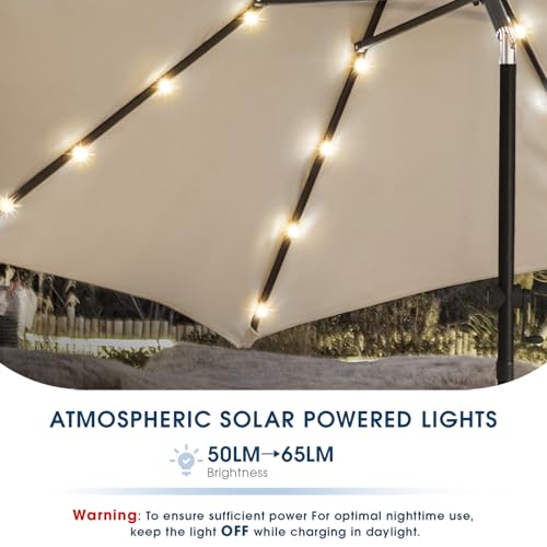 wikiwiki 9FT Solar Led Patio Umbrella with Base Included, 32 LED Lights, 8 Sturdy Ribs, Fade Resistant Waterproof POLYESTER DTY Canopy for Garden, Lawn, Deck, Backyard & Pool, Beige - color: Beige, size: 9FT