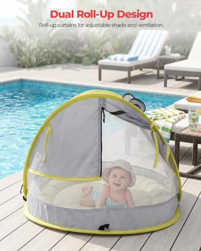 Poray Portable Baby Beach Tent with UPF 50+ Sun Shelter,Mosquito Net and Sunshade, Ideal Pop Up Kids Travel Tent with Carry Bag & 2 Stakes,Outdoor Indoor Play and Sun Protection - style: Large Deluxe Gray & Mat