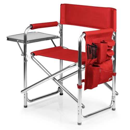 PICNIC TIME Sports Chair with Side Table and Armrest Caddy, Lightweight Aluminum Folding Outdoor Camping Chair for Adults, Portable Director Style Lawn Seating with Pockets & Carry Strap, (Red) - color: Red