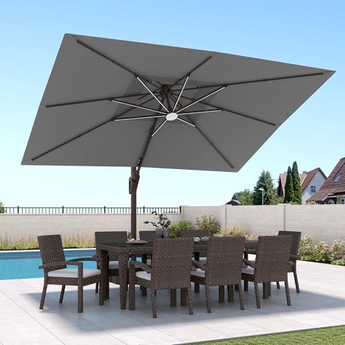 9 X 12 FT Cantilever Patio Umbrella with Led Lights and Base Included Outdoor Heavy Duty Double Top Rectangle Offset Umbrellas with 360-degree Rotation for Pool Deck Backyard, Grey - color: Grey, size: 9' X12' Weighted Base Included(LED)