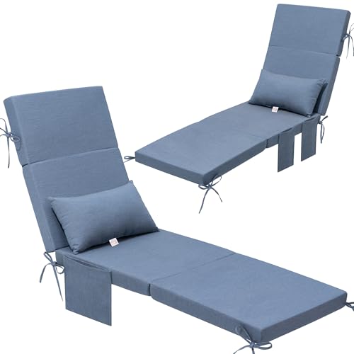 Crestlive Products Sunbrella Foldable Outdoor Chaise Lounge Cushions with Head Pillow and Side Pockets, Water Repellent & Fade Resistant Lounge Chair Cushion, 72''L x 21''W, Set of 2, Denim Blue - color: Sunbrella|blue, size: 72"l X 21"w