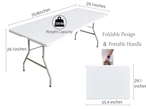 6ft Folding Table - Heavy Duty Plastic Portable Picnic Table with Handle, 330lb Capacity, Indoor Outdoor Utility Table for Parties, Camping, Dining - size: 6FT