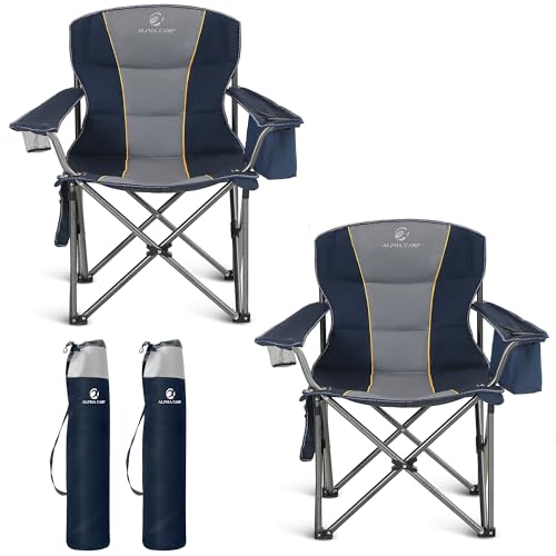 ALPHA CAMP Oversized Folding Camping Chair, Heavy Duty Portable Lawn Chairs with Cooler Bag, Side Pocket & Cup Holder, Folding Chairs for Outside Support 450 LBS - color: Blue, size: Twin Pack