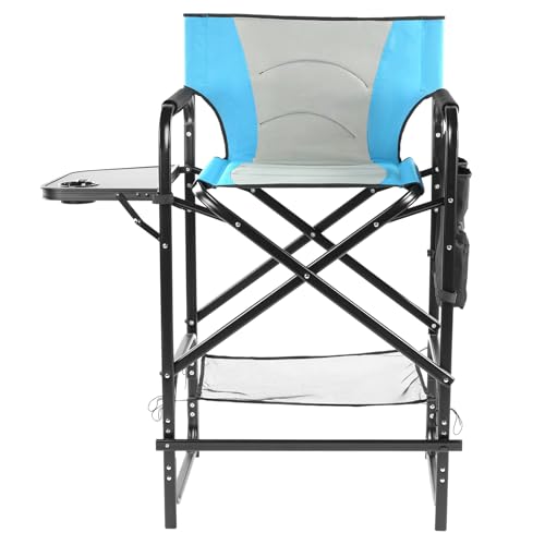45" Tall Directors Chair,Camping Chairs for Adults,Portable Bar Height Folding Camping Chairs,with Cup Holder, Side Table, Storage Pocket, Footrest,for Fishing Sports Beach Picnic (Blue & Gray)