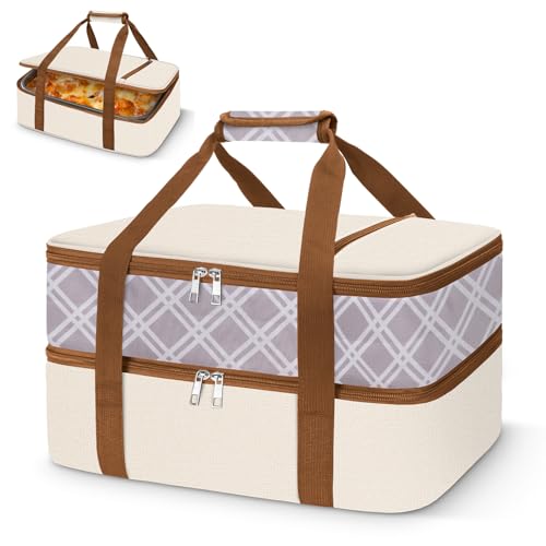 Coobiiya Insulated Casserole Carrier,Lasagna Lugger Tote Keeps Food Hot or Cold,Thermal Lunch Bag Warmer & Cooler Carrier Bag,Portable Tote Bag Fits 9" x 13" Baking Dish for Picnic and Cookout - color: Beige, size: Double Layer: 15.75 × 11.8 × 7.87 in
