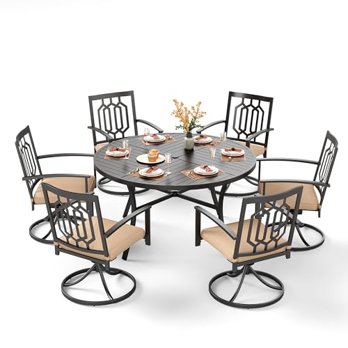 PHI VILLA 7 Pieces Round Outdoor Dining Set for 6, 54" Black Wrought Iron Table with Umbrella Hole & Swivel Metal Steel Chairs, Outside Furniture Set for Patio, Porch, Deck, Backyard - color: Hexagon Back Swivel Chair, size: 7PCS-54" Round Table